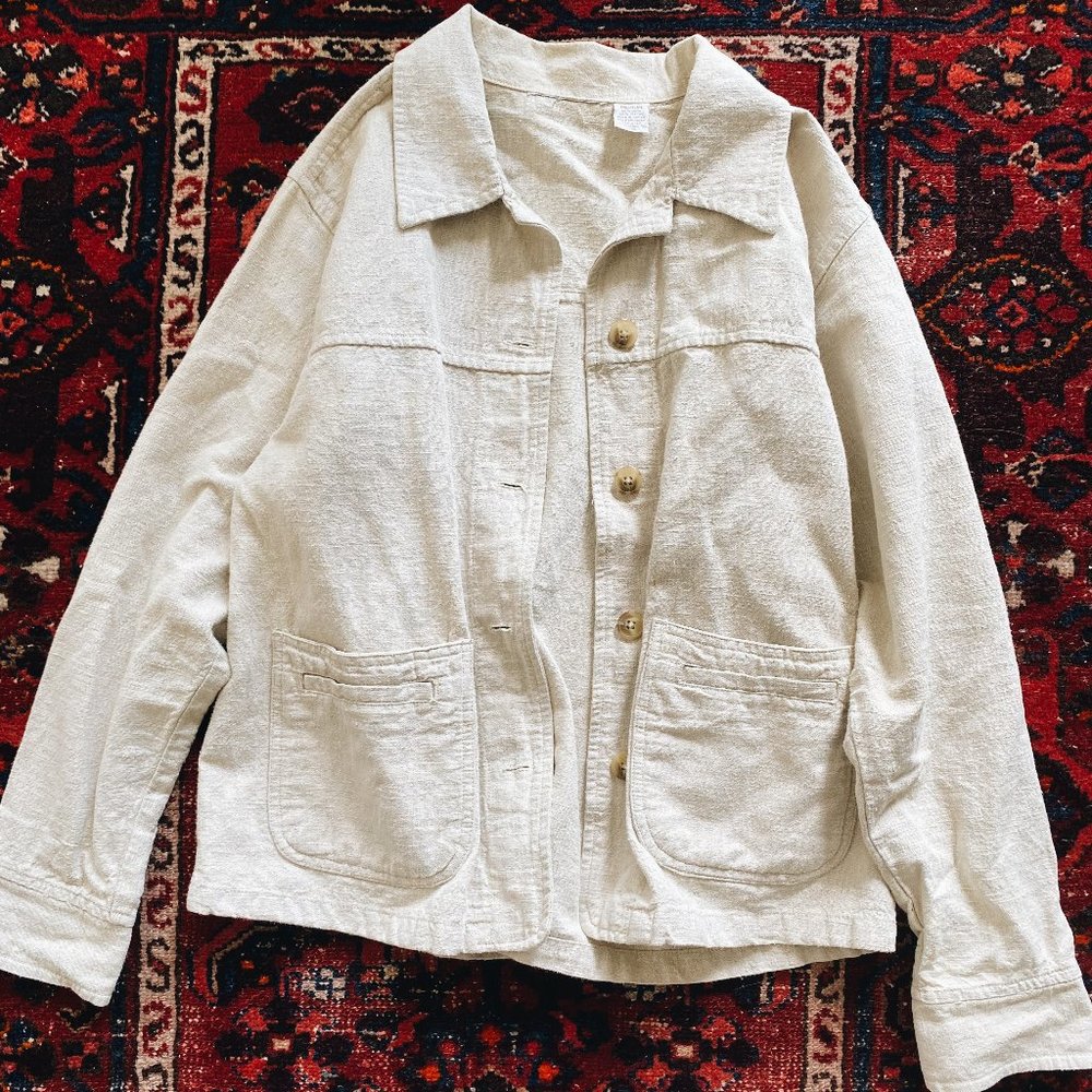 chore coat in cream linen, size medium